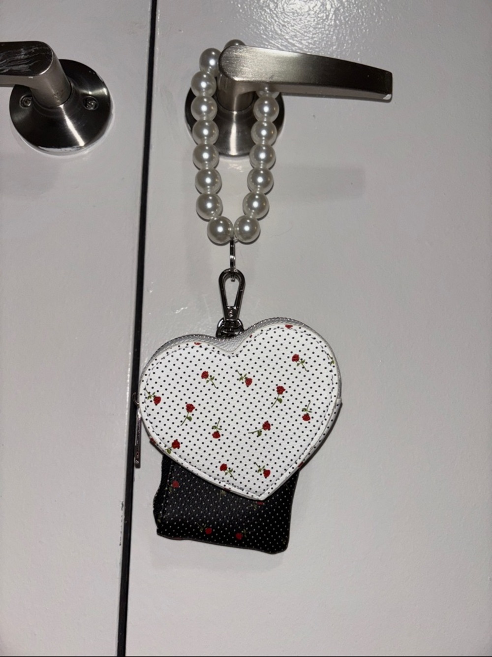 Madden Girl White and Black Polkadot Floral and Pearl Keychain Wallet Wristlet